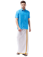 Thumbnail for Vastramay Men's Aqua Blue And White Silk Blend Shirt And Mundu - Distacart