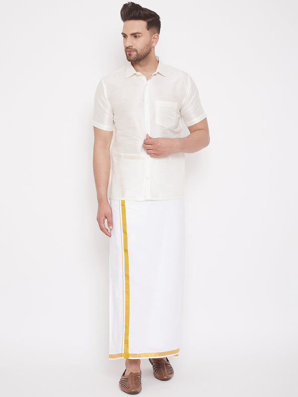 VM by Vastramay Men's Cream And White Silk Blend Shirt And Mundu - Distacart