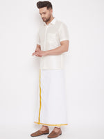 Thumbnail for VM by Vastramay Men's Cream And White Silk Blend Shirt And Mundu - Distacart