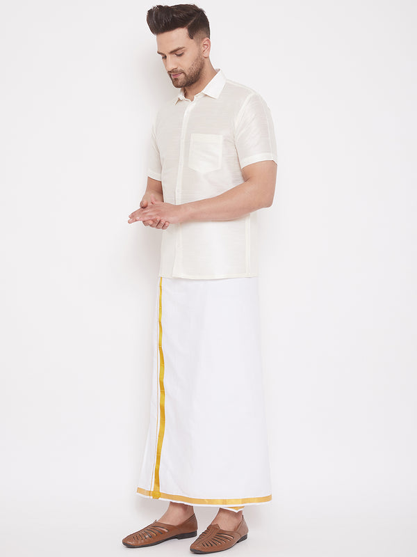 VM by Vastramay Men's Cream And White Silk Blend Shirt And Mundu - Distacart