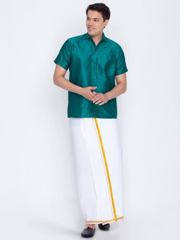 Vastramay Men's Green and White Silk Blend Shirt And Mundu - Distacart
