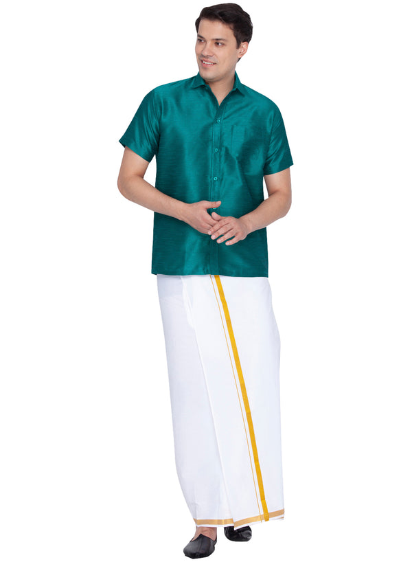 Vastramay Men's Green and White Silk Blend Shirt And Mundu - Distacart