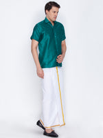 Thumbnail for Vastramay Men's Green and White Silk Blend Shirt And Mundu - Distacart