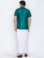 Thumbnail for Vastramay Men's Green and White Silk Blend Shirt And Mundu - Distacart