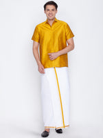 Thumbnail for Vastramay Men's Mustard Yellow and White Silk Blend Shirt And Mundu - Distacart