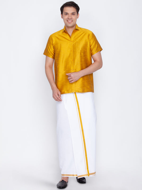Vastramay Men's Mustard Yellow and White Silk Blend Shirt And Mundu - Distacart