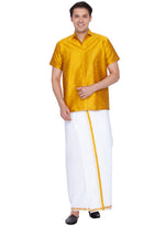 Thumbnail for VM by Vastramay Men's Mustard Yellow And White Silk Blend Shirt And Mundu - Distacart