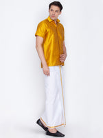 Thumbnail for VM by Vastramay Men's Mustard Yellow And White Silk Blend Shirt And Mundu - Distacart