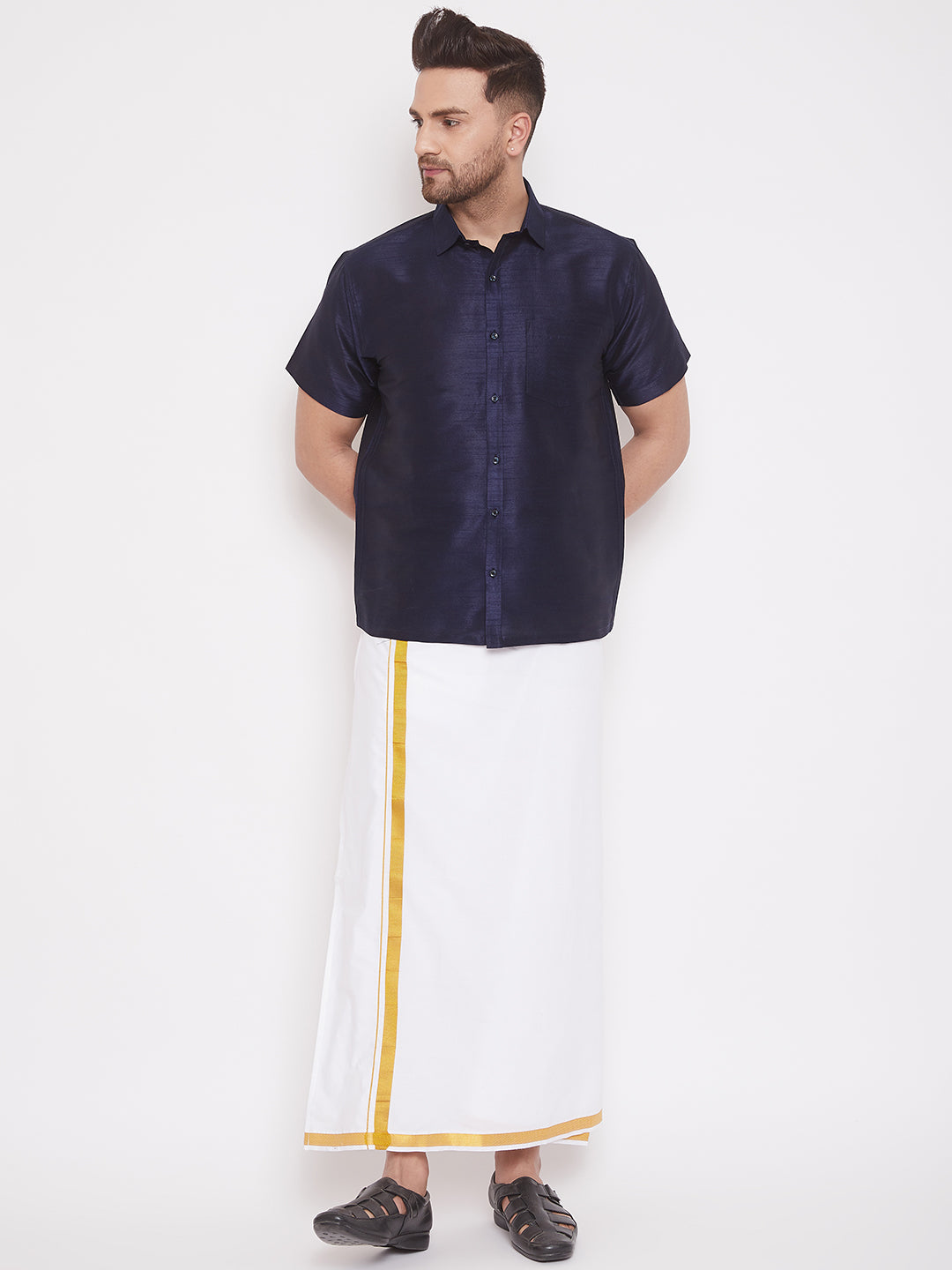 Vastramay Men's Navy Blue Silk Blend Ethnic Shirt - Distacart