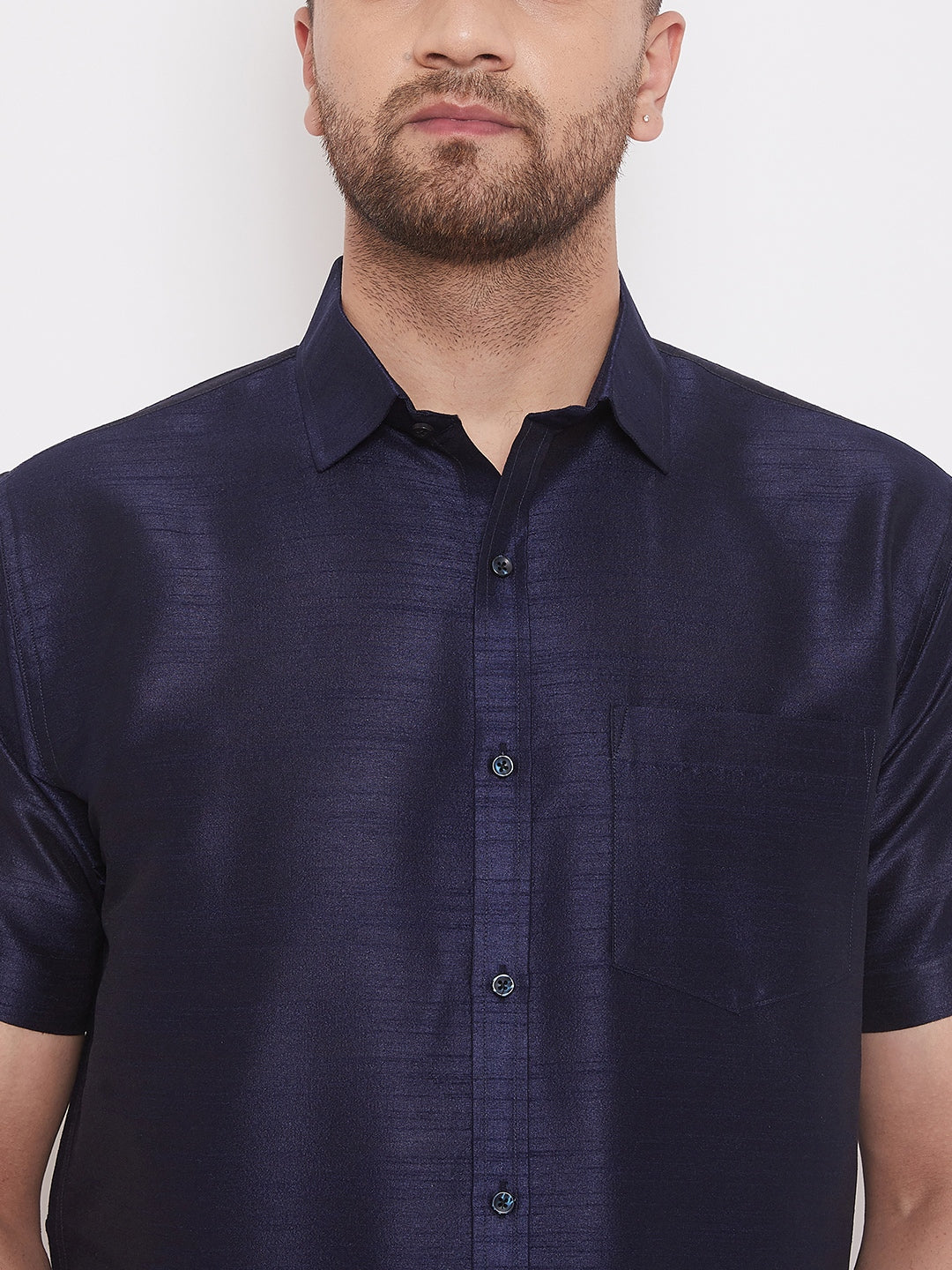 Vastramay Men's Navy Blue and White Silk Blend Shirt And Mundu - Distacart