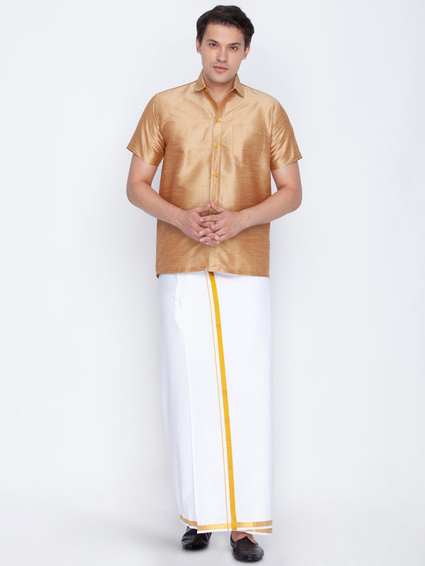 Vastramay Men's Rose Gold and White Silk Blend Shirt And Mundu - Distacart