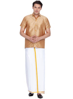 Thumbnail for VM by Vastramay Men's Rose Gold And White Silk Blend Shirt And Mundu - Distacart
