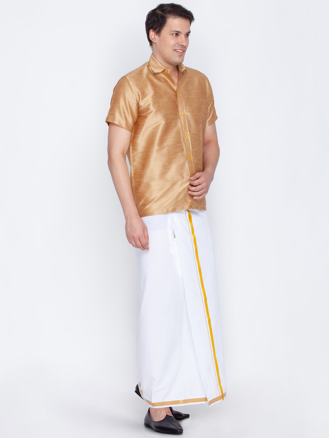 Vastramay Men's Rose Gold and White Silk Blend Shirt And Mundu - Distacart
