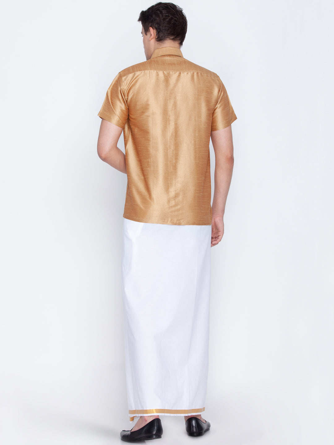 Vastramay Men's Rose Gold and White Silk Blend Shirt And Mundu - Distacart
