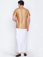 Thumbnail for Vastramay Men's Rose Gold and White Silk Blend Shirt And Mundu - Distacart