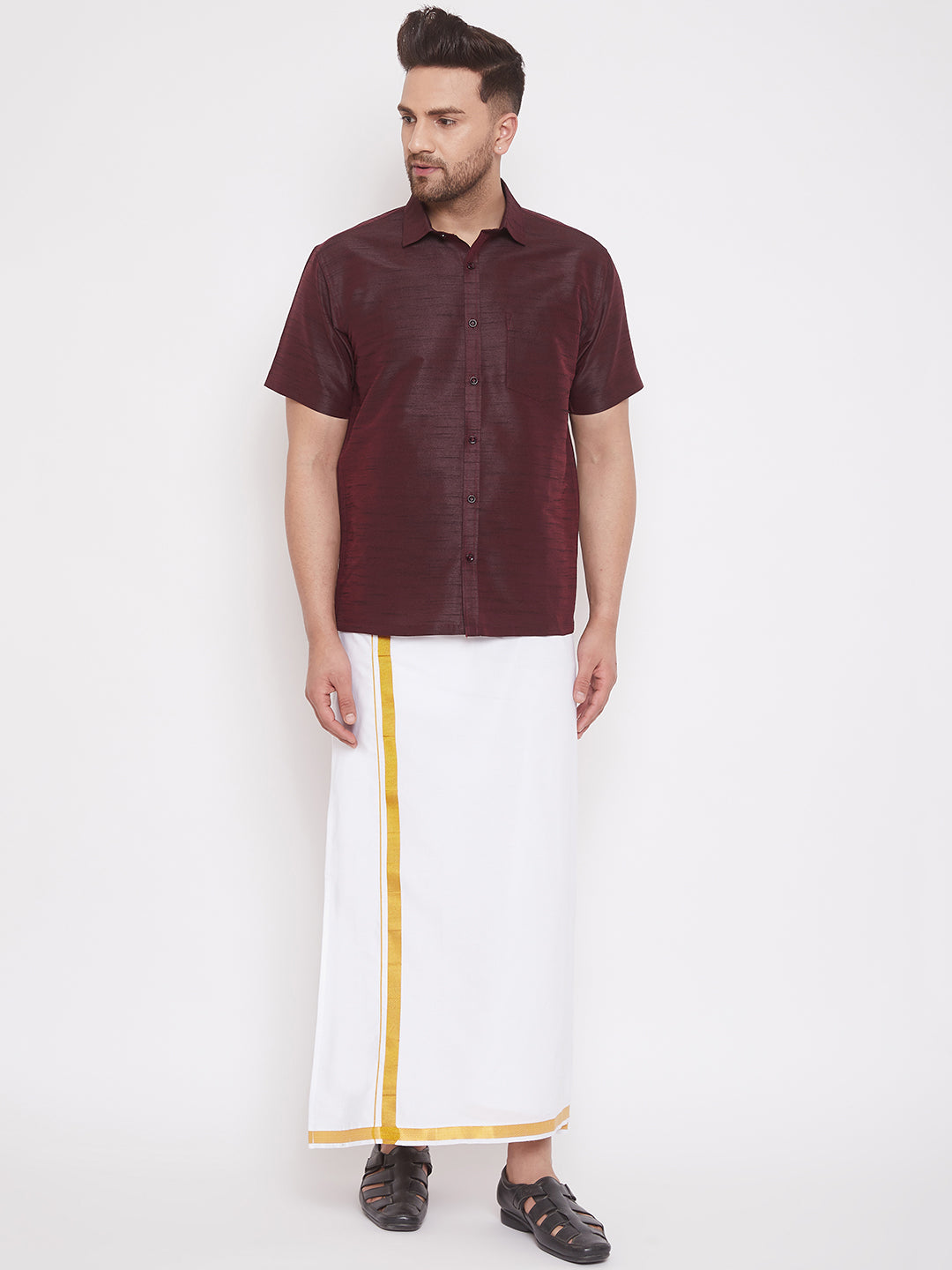 VM by Vastramay Men's Wine And White Silk Blend Shirt And Mundu - Distacart