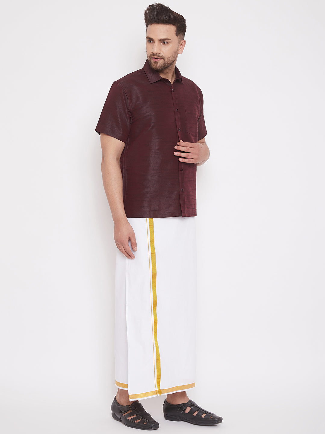 VM by Vastramay Men's Wine And White Silk Blend Shirt And Mundu - Distacart