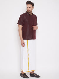 Thumbnail for VM by Vastramay Men's Wine And White Silk Blend Shirt And Mundu - Distacart