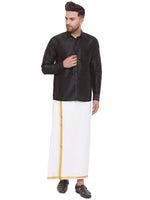 Thumbnail for VM by Vastramay Men's Black And White Silk Blend Shirt And Mundu - Distacart