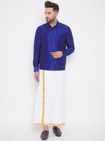 Thumbnail for Vastramay Men's Blue and White Silk Blend Shirt And Mundu - Distacart