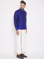 Thumbnail for Vastramay Men's Blue and White Silk Blend Shirt And Mundu - Distacart