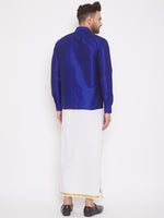Thumbnail for Vastramay Men's Blue and White Silk Blend Shirt And Mundu - Distacart