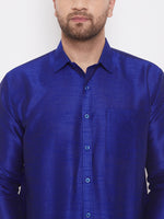 Thumbnail for Vastramay Men's Blue and White Silk Blend Shirt And Mundu - Distacart