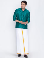 Thumbnail for Vastramay Men's Green and White Silk Blend Shirt And Mundu - Distacart