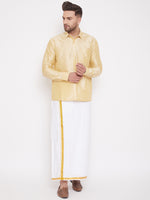 Thumbnail for VM by Vastramay Men's Gold And White Silk Blend Shirt And Mundu - Distacart