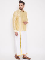 Thumbnail for Vastramay Men's Gold and White Silk Blend Shirt And Mundu - Distacart