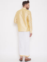 Thumbnail for Vastramay Men's Gold and White Silk Blend Shirt And Mundu - Distacart