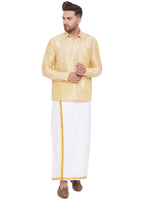 Thumbnail for VM by Vastramay Men's Gold And White Silk Blend Shirt And Mundu - Distacart