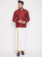 Thumbnail for Vastramay Men's Maroon and White Silk Blend Shirt And Mundu - Distacart