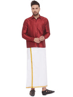 Thumbnail for VM by Vastramay Men's Maroon And White Silk Blend Shirt And Mundu - Distacart