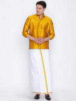 Thumbnail for Vastramay Men's Mustard and White Silk Blend Shirt And Mundu - Distacart