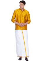 Thumbnail for VM by Vastramay Men's Mustard And White Silk Blend Shirt And Mundu - Distacart
