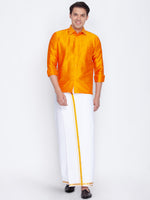 Thumbnail for VM by Vastramay Men's Orange And White Silk Blend Shirt And Mundu - Distacart