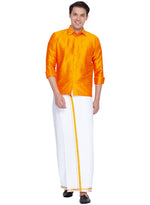 Thumbnail for VM by Vastramay Men's Orange And White Silk Blend Shirt And Mundu - Distacart