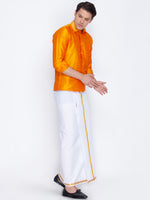 Thumbnail for VM by Vastramay Men's Orange And White Silk Blend Shirt And Mundu - Distacart