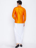 Thumbnail for VM by Vastramay Men's Orange And White Silk Blend Shirt And Mundu - Distacart