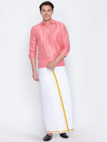 Thumbnail for Vastramay Men's Pink and White Silk Blend Shirt And Mundu - Distacart