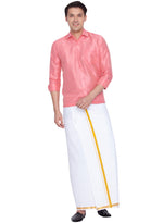 Thumbnail for VM by Vastramay Men's Pink And White Silk Blend Shirt And Mundu - Distacart