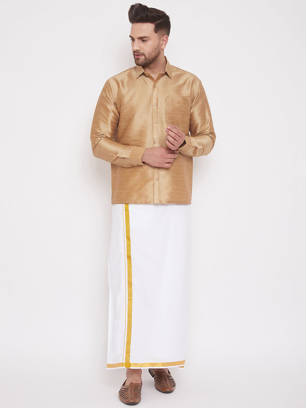 Vastramay Men's Rose Gold and White Silk Blend Shirt And Mundu - Distacart