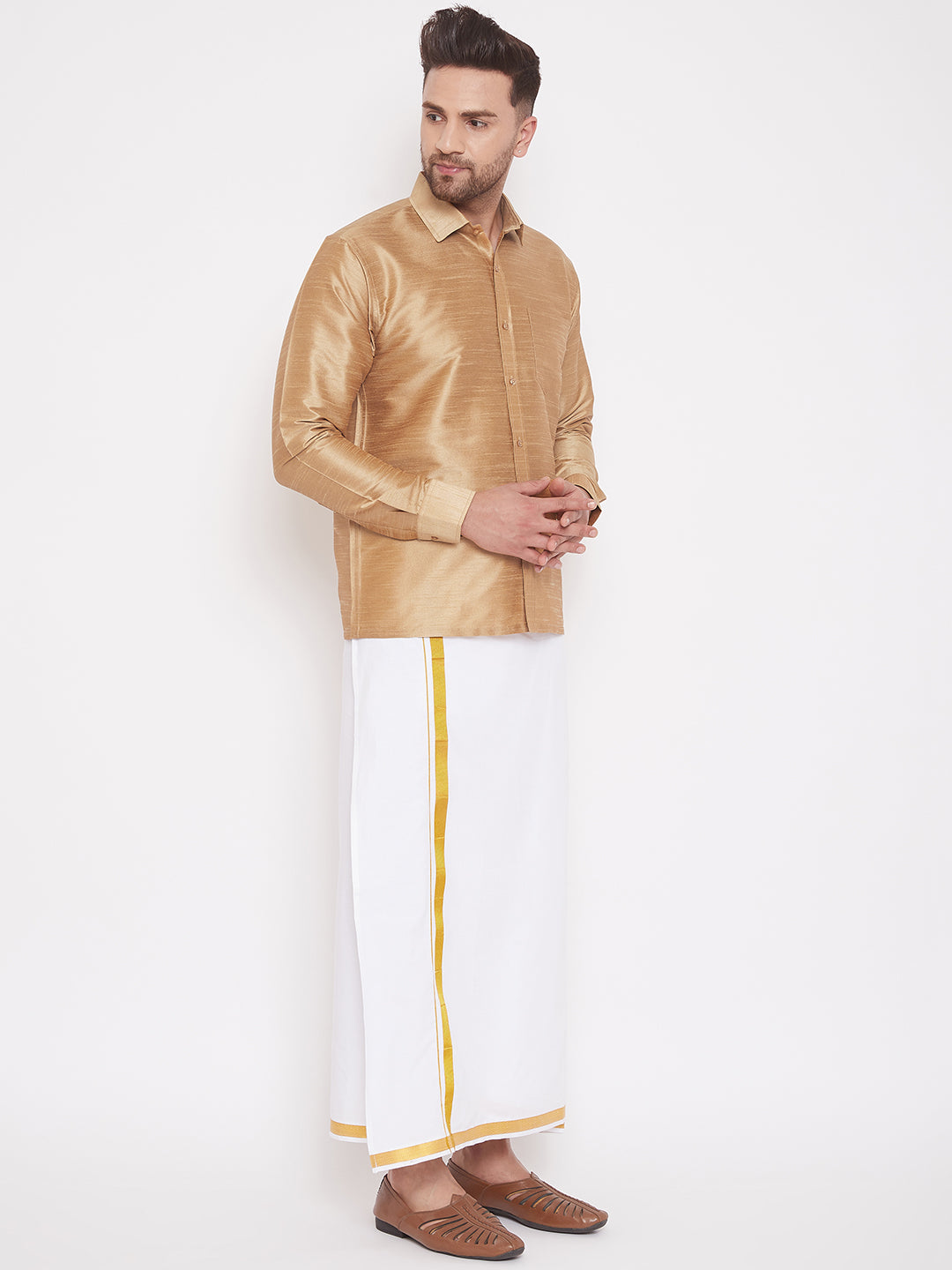 Vastramay Men's Rose Gold and White Silk Blend Shirt And Mundu - Distacart