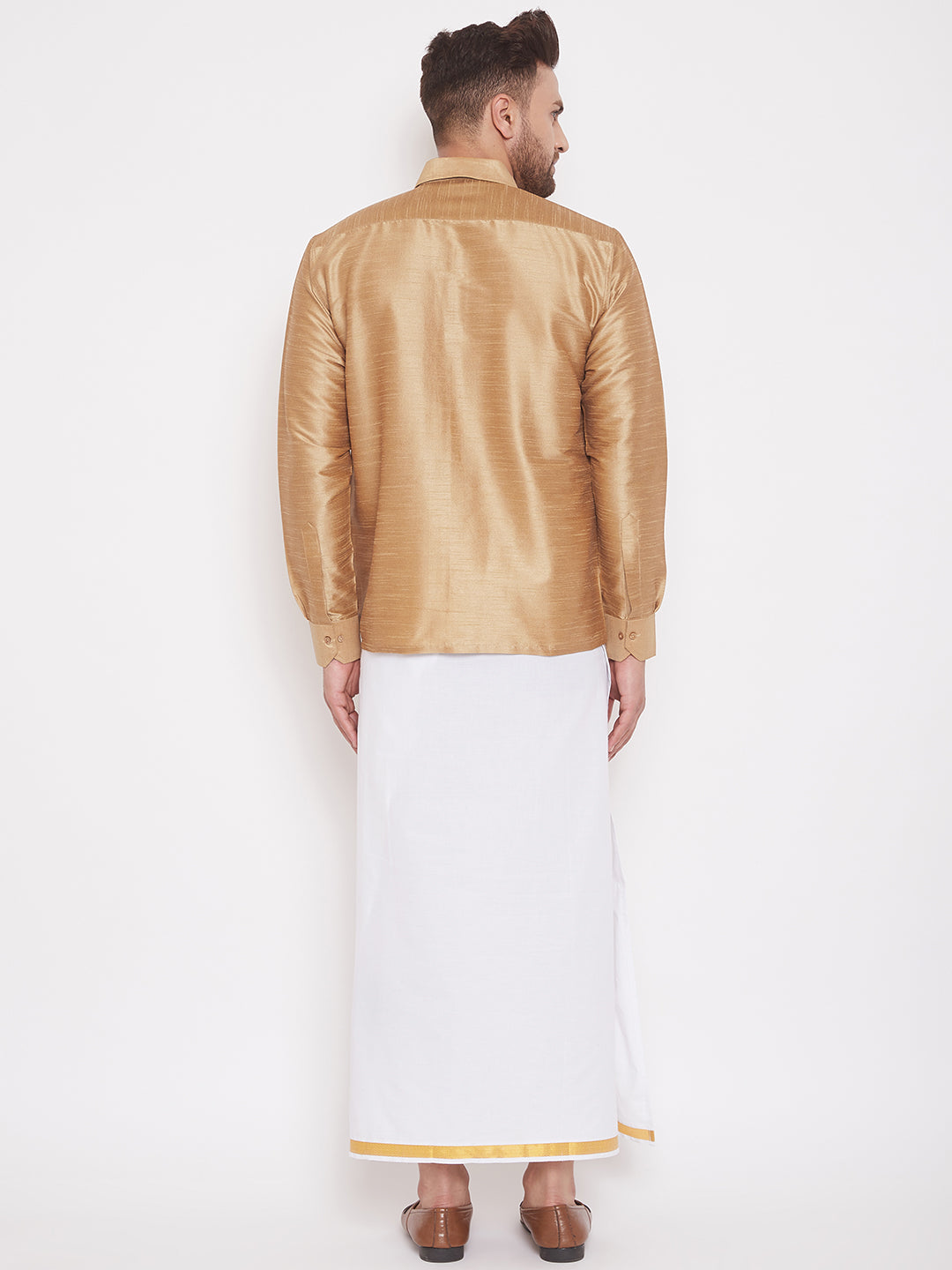 Vastramay Men's Rose Gold and White Silk Blend Shirt And Mundu - Distacart