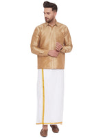 Thumbnail for Vastramay Men's Rose Gold and White Silk Blend Shirt And Mundu - Distacart