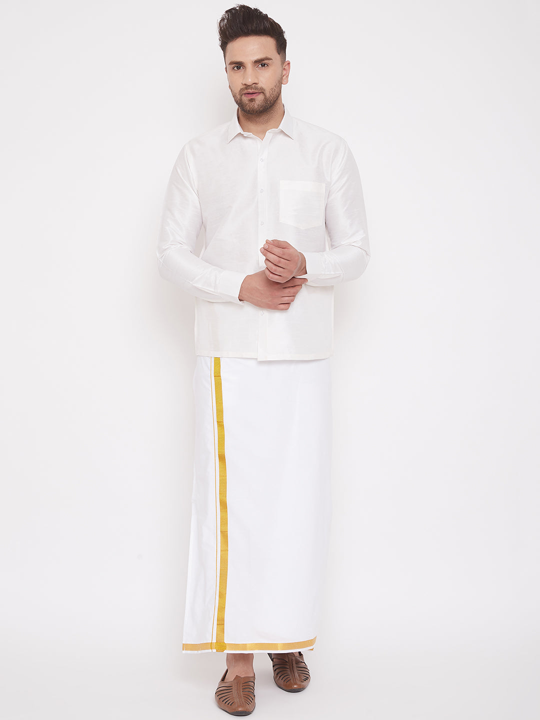 VM by Vastramay Men's White Silk Blend Shirt And Mundu - Distacart