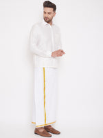 Thumbnail for VM by Vastramay Men's White Silk Blend Shirt And Mundu - Distacart