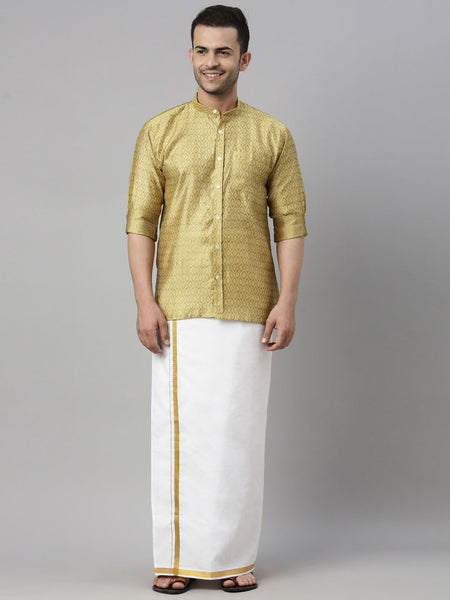 Vastramay Men's Mustard Yellow Silk Blend Ethnic Shirt And Mundu Set - Distacart