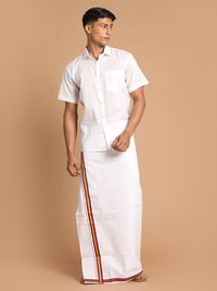 Thumbnail for Vastramay Men's White Pure Cotton Shirt And Mundu - Distacart